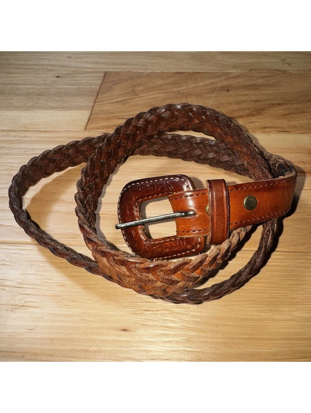 Vintage Leegin Braided Leather Belt Western Tooled Buckle Brown Size L 35”